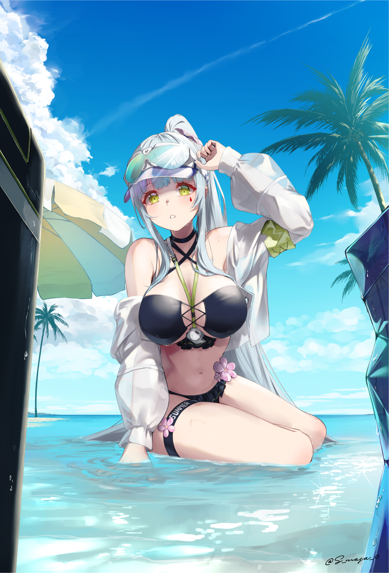 s-masa 7131, hk416 (girls' frontline), klukai (cerulean breaker) (girls' frontline 2), klukai (girls' frontline 2), girls' frontline, girls' frontline 2: exilium, commentary request, highres, 1girl, adjusting eyewear, armband, artist name, beach umbrella, between breasts, bikini, black bikini, blue sky, blush, breasts, cloud, cloudy sky, countdown timer, eyewear on head, flower, full body, green armband, green eyes, jacket, large breasts, long hair, looking at viewer, official alternate costume, open clothes, open jacket, open mouth, palm tree, partially submerged, pink flower, ponytail, see-through clothes, see-through jacket, sitting, sky, solo, sunglasses, swimsuit, tattoo, teardrop facial mark, teardrop tattoo, thigh strap, tree, twitter username, umbrella, visor cap, white hair, white mouth
