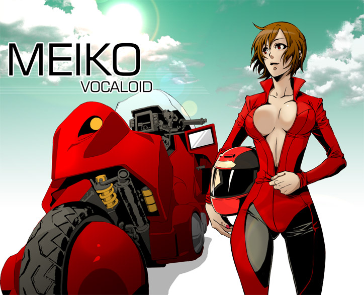 shidatsu takayuki, meiko (vocaloid), akira (manga), vocaloid, vehicle, 1980s (style), bad id, bad pixiv id, 1girl, biker clothes, bikesuit, bodysuit, breasts, brown eyes, brown hair, character name, cleavage, cloud, female focus, helmet, large breasts, motor vehicle, motorcycle, nail polish, oldschool, red nails, retro artstyle, short hair, sky, solo, sun, unzipping