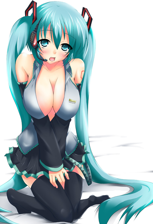 nana (732 kaiten), hatsune miku, vocaloid, 1girl, bare shoulders, blush, breasts, cleavage, female focus, large breasts, long hair, open mouth, skirt, solo, thighhighs, twintails, very long hair