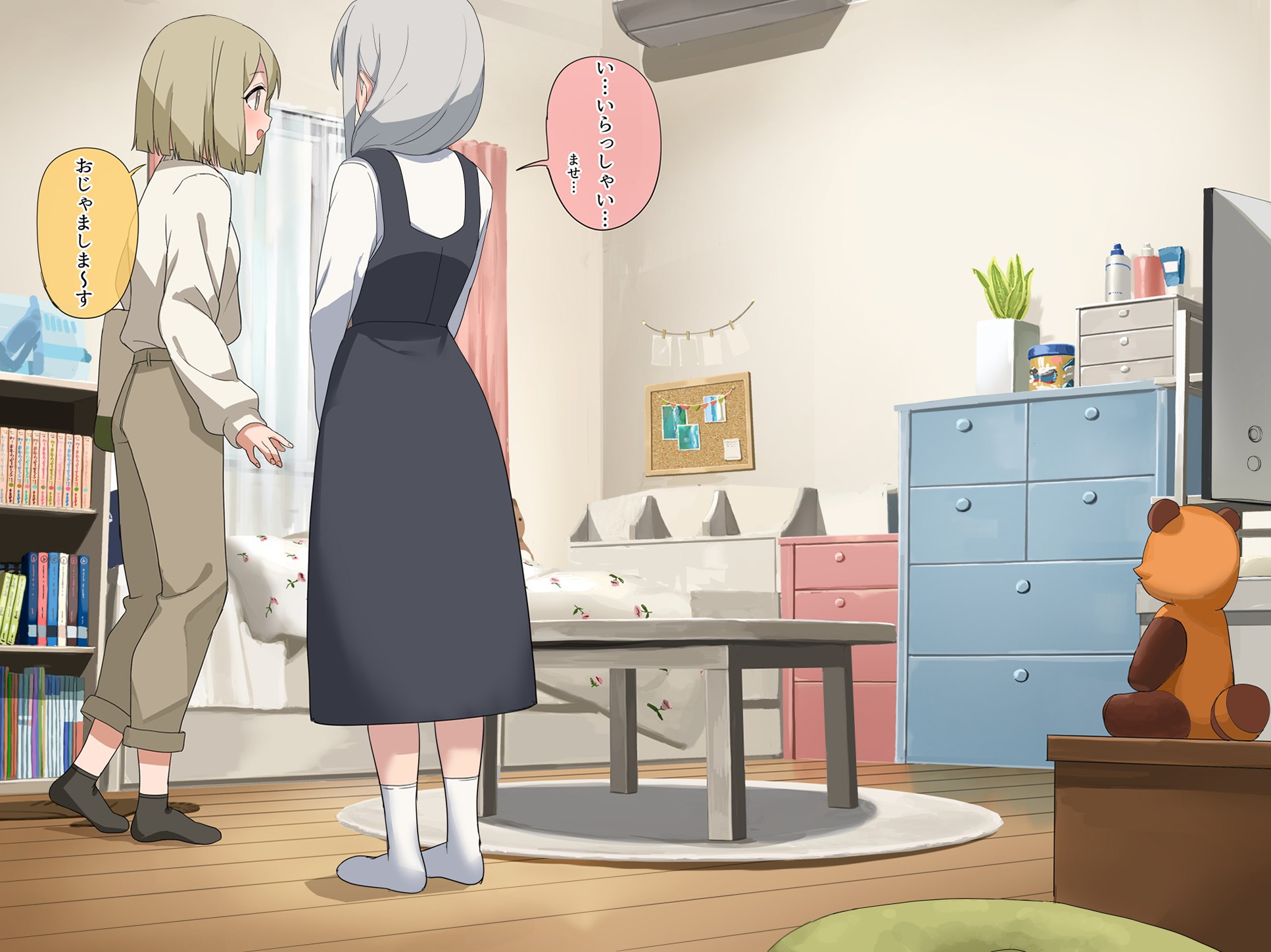 lemontyoisy r18, original, commentary request, highres, large variant set, paid reward available, variant set, 2girls, black dress, breasts, curtains, dress, grey hair, indoors, multiple girls, pants, shirt, sleeveless, sleeveless dress, small breasts, socks, stuffed animal, stuffed toy, white shirt