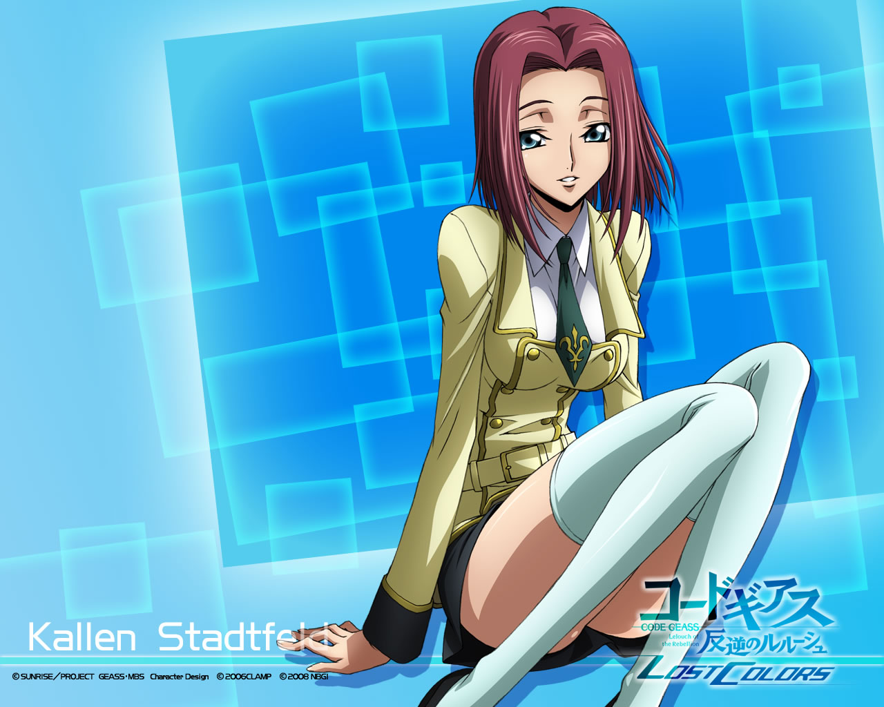 kouzuki kallen, code geass, code geass: lost colors, official art, official wallpaper, 00s, blue eyes, miniskirt, red hair, school uniform, serafuku, short hair, skirt, solo, thighhighs, zettai ryouiki