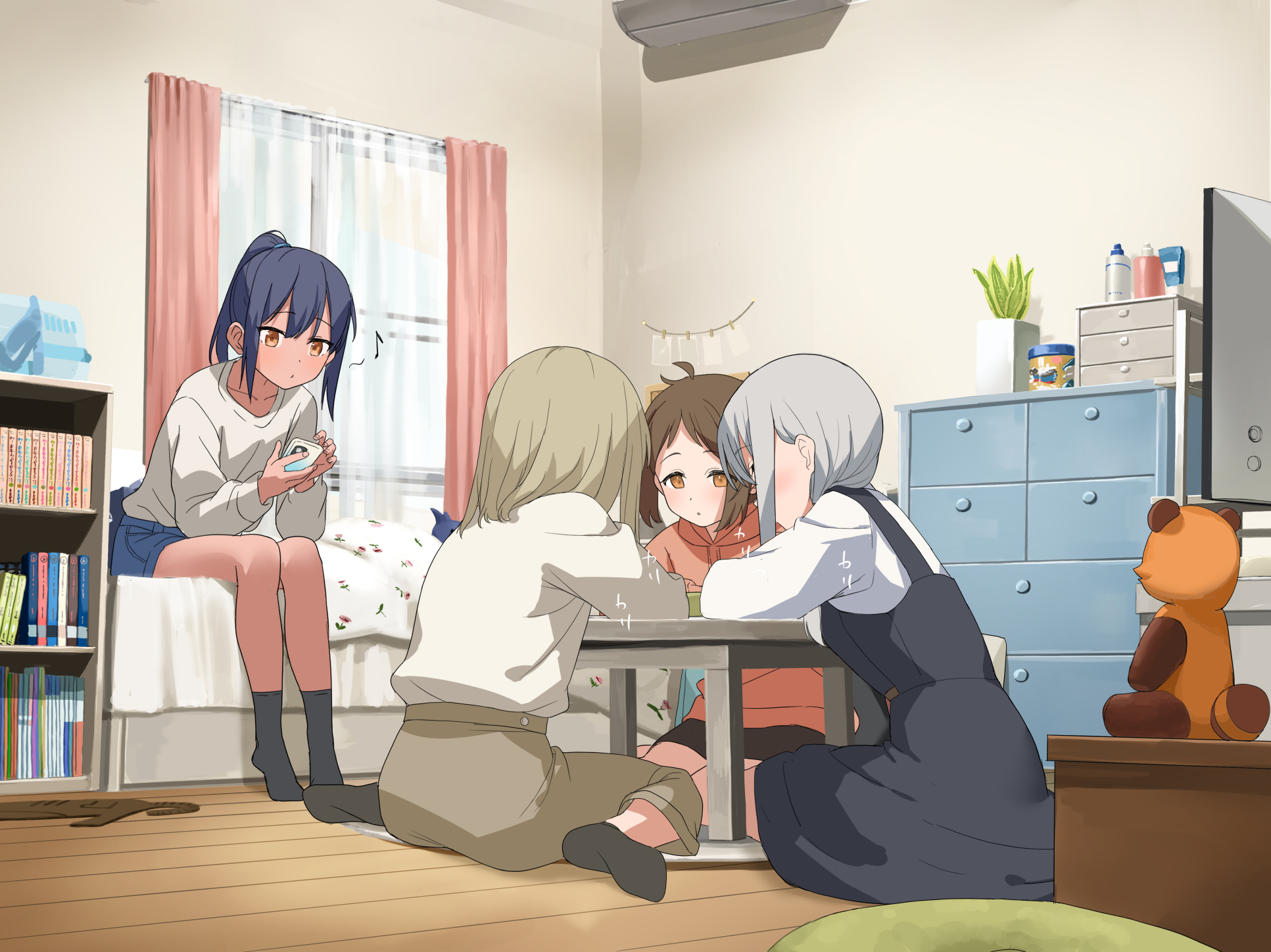 lemontyoisy r18, original, commentary request, highres, large variant set, paid reward available, variant set, 4girls, breasts, brown hair, curtains, indoors, multiple girls, shirt, sitting, small breasts, socks, white shirt