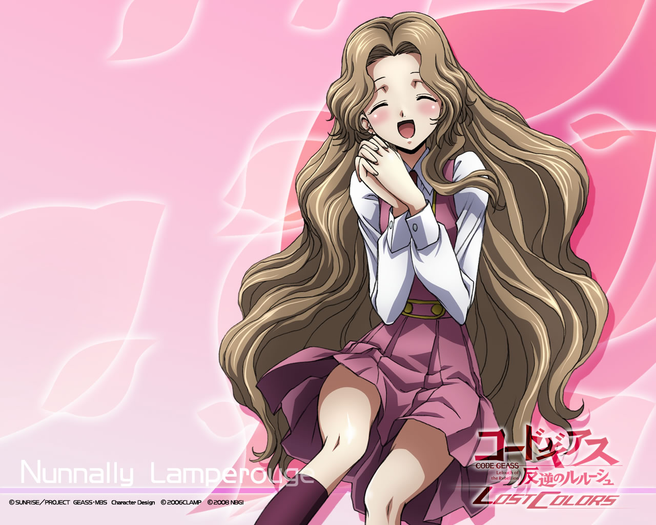 nunnally vi britannia, code geass, code geass: lost colors, official art, official wallpaper, tagme, 00s, brown hair, dated, long hair, own hands together, pink background, solo, very long hair