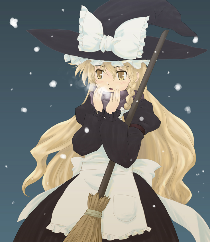haniwa, haniwa (leaf garden), kirisame marisa, perfect cherry blossom, touhou, 1girl, blonde hair, braid, breath, broom, female focus, hat, long hair, scarf, solo, witch, witch hat, yellow eyes