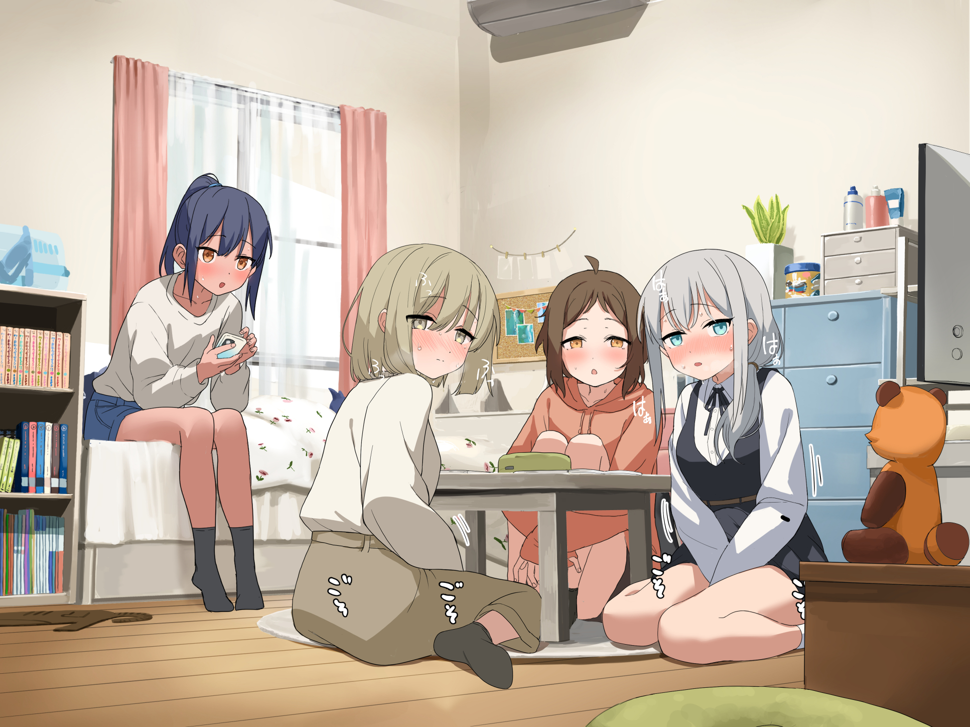 lemontyoisy r18, original, commentary request, highres, large variant set, paid reward available, variant set, 4girls, between legs, blush, breasts, brown hair, curtains, hand between legs, have to pee, indoors, long hair, long sleeves, multiple girls, ponytail, shirt, short hair, shorts, sidelocks, sitting, small breasts, socks, white shirt