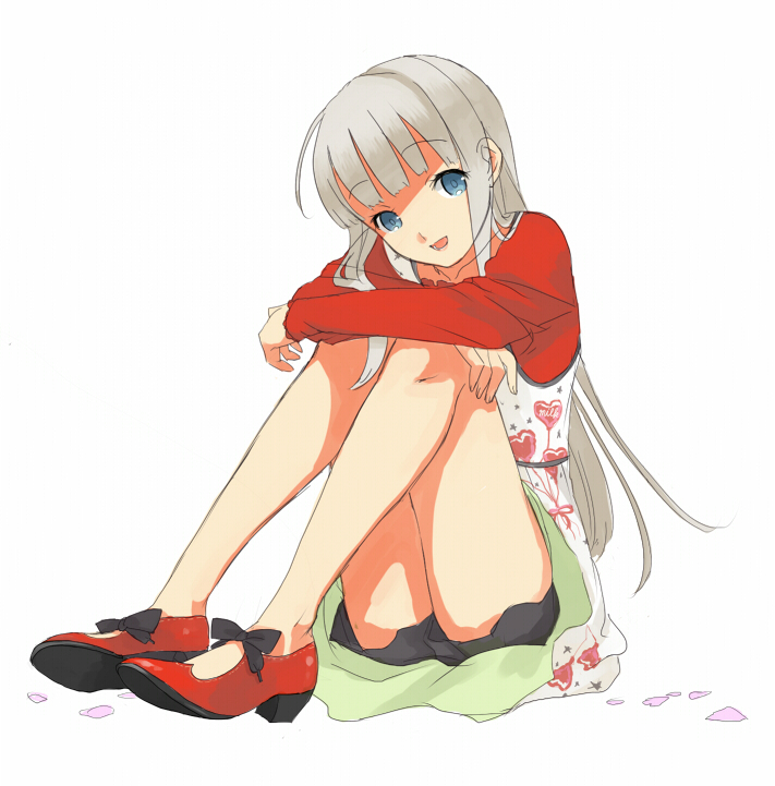 01 0219, tagme, blue eyes, dress, grey hair, high heels, shoes, shorts, sitting, solo