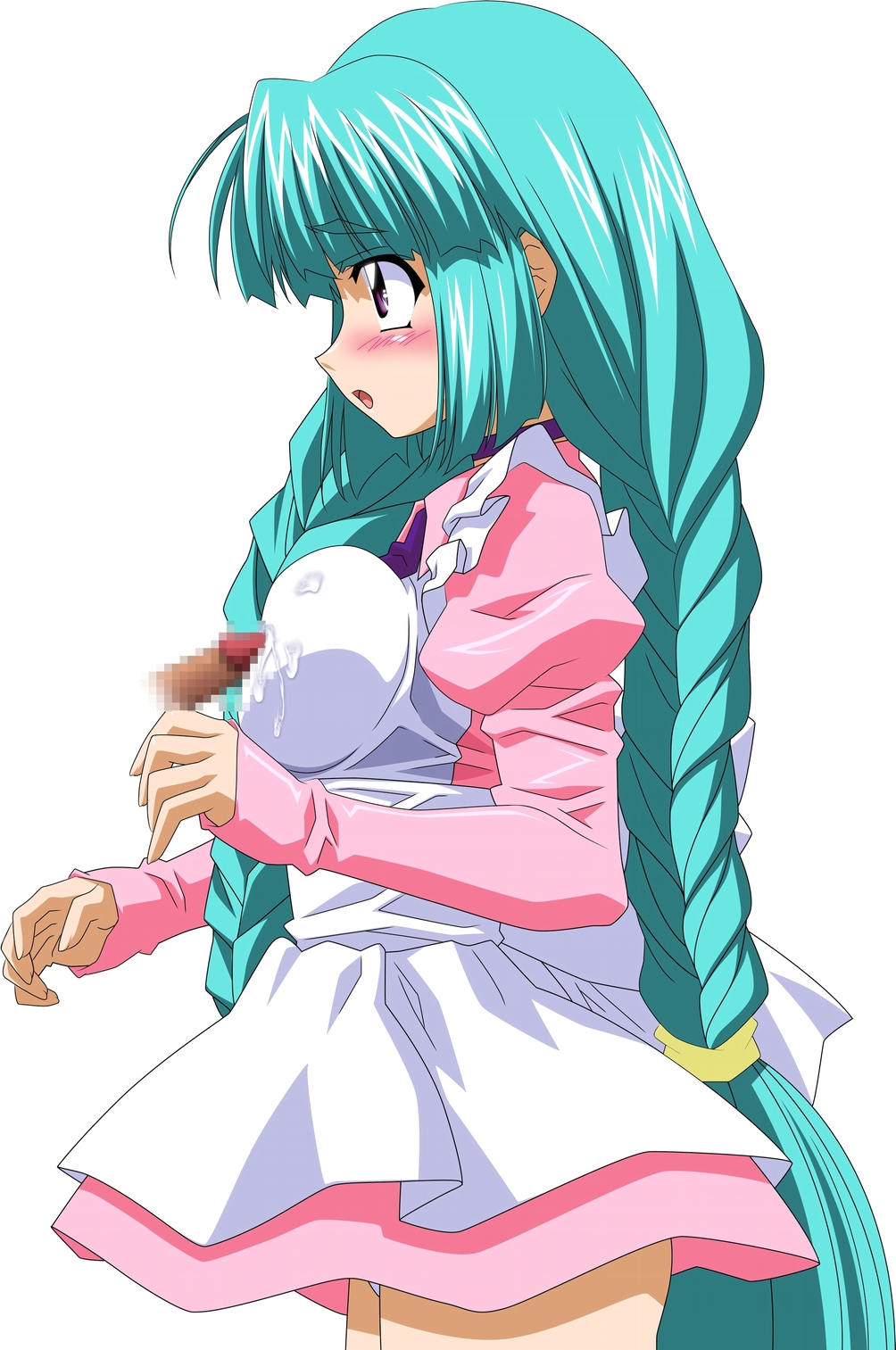 sugimura tomokazu, canal vorfeed, lost universe, highres, 1990s (style), 1girl, :o, apron, aqua hair, blunt bangs, blush, braid, breast press, breasts, censored, cowboy shot, cum, disembodied penis, dress, from side, juliet sleeves, long hair, long sleeves, medium breasts, mosaic censoring, necktie, open mouth, panties, pantyshot, penis, pink dress, profile, puffy sleeves, purple eyes, purple necktie, retro artstyle, short dress, simple background, sleeves past wrists, solo, solo focus, standing, tareme, twin braids, underwear, upper body, upskirt, very long hair, white apron, white background, white panties