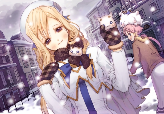 hanamura mai, alicia florence, aria pokoteng, mizunashi akari, aria (manga), plaid, 00s, 2girls, :3, blonde hair, blue eyes, blush, city, coat, dress, gloves, hat, head tilt, high collar, long hair, multiple girls, object on head, pink hair, ponytail, purple eyes, scarf, smile, snow
