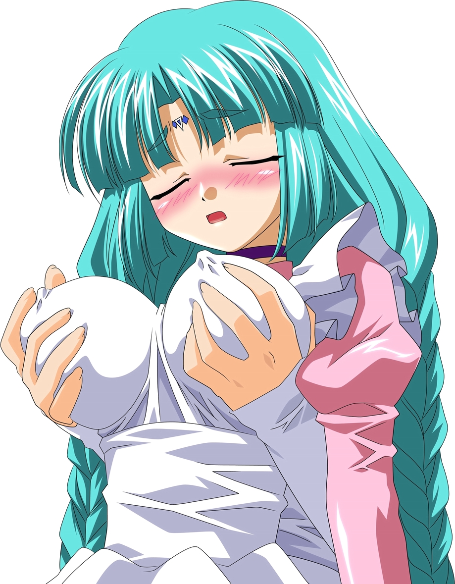 sugimura tomokazu, canal vorfeed, lost universe, 1990s (style), 1girl, blush, breasts, covered erect nipples, grabbing another's breast, groping, retro artstyle, solo focus
