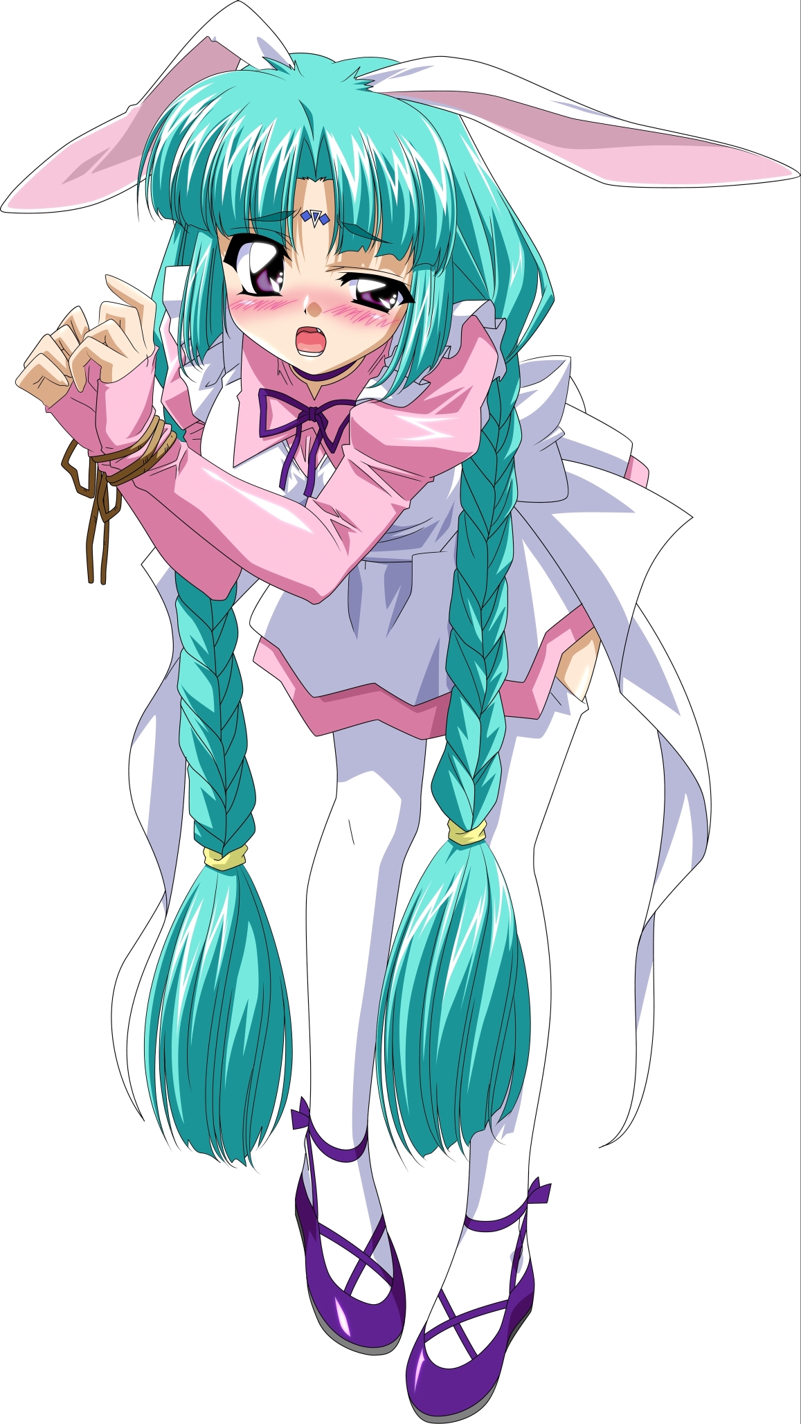 sugimura tomokazu, canal vorfeed, lost universe, highres, 1990s (style), 1girl, animal ears, bdsm, bondage, bound, braid, ears down, female focus, full body, long hair, own hands together, rabbit ears, retro artstyle, solo, thighhighs, twin braids, very long hair, white background, white thighhighs