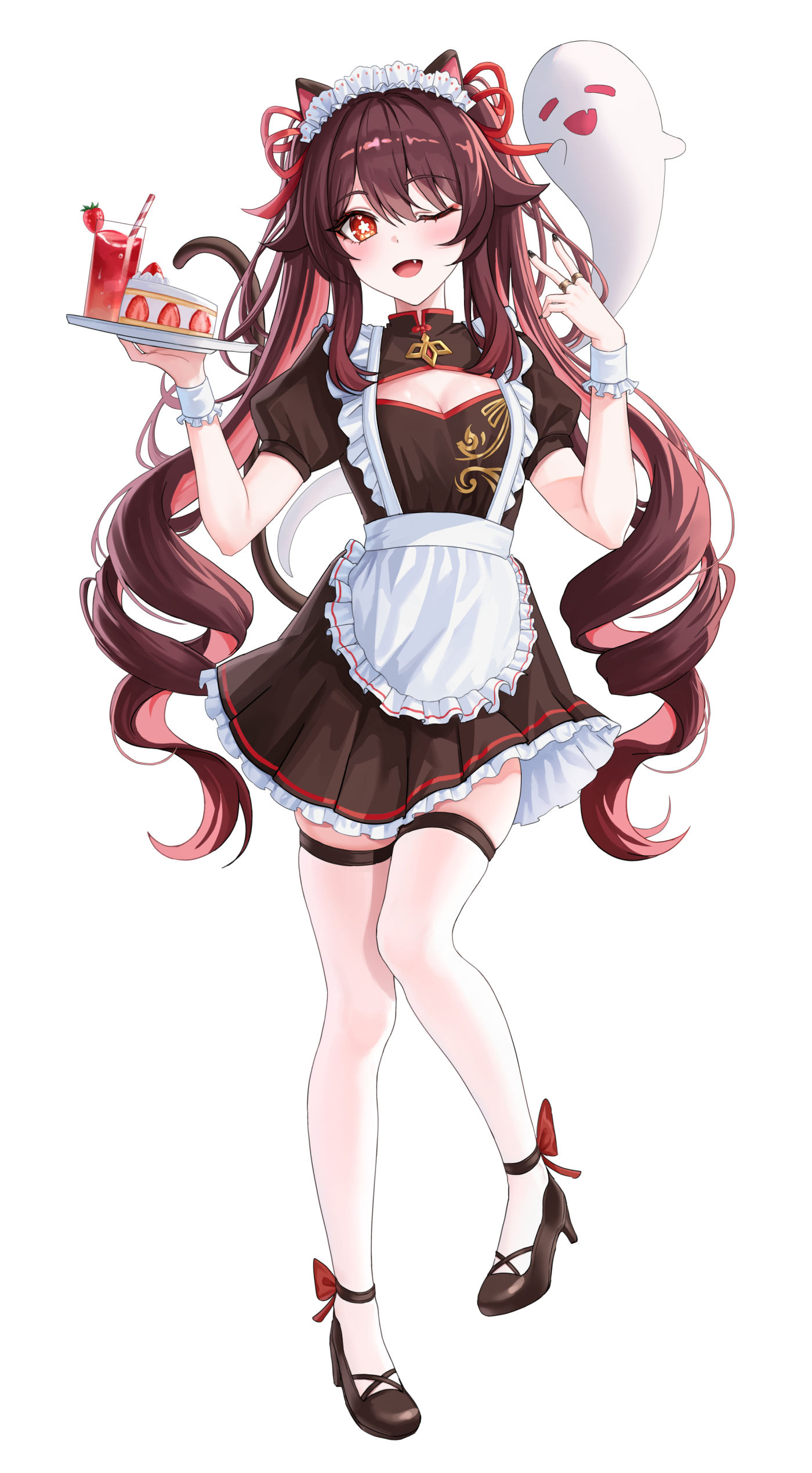 sicle, boo tao (genshin impact), hu tao (genshin impact), genshin impact, absurdres, commentary request, highres, 1girl, ;d, alternate costume, animal ears, ankleband, apron, black nails, black shoes, blush, breasts, brown dress, brown hair, cake, cake slice, cat ears, cat girl, cat tail, cleavage, cleavage cutout, clothing cutout, dress, drill hair, drinking straw, enmaided, flower-shaped pupils, food, frilled apron, frilled dress, frills, fruit, full body, glass, hair between eyes, hands up, holding, holding tray, jewelry, kemonomimi mode, leg up, long hair, looking at viewer, maid, maid apron, maid headdress, one eye closed, open mouth, puffy sleeves, red eyes, ring, shoes, simple background, small breasts, smile, solo, standing, standing on one leg, strawberry, symbol-shaped pupils, tail, thigh strap, thighhighs, thighs, tray, twintails, v, very long hair, white apron, white background, white thighhighs, white wrist cuffs, wrist cuffs