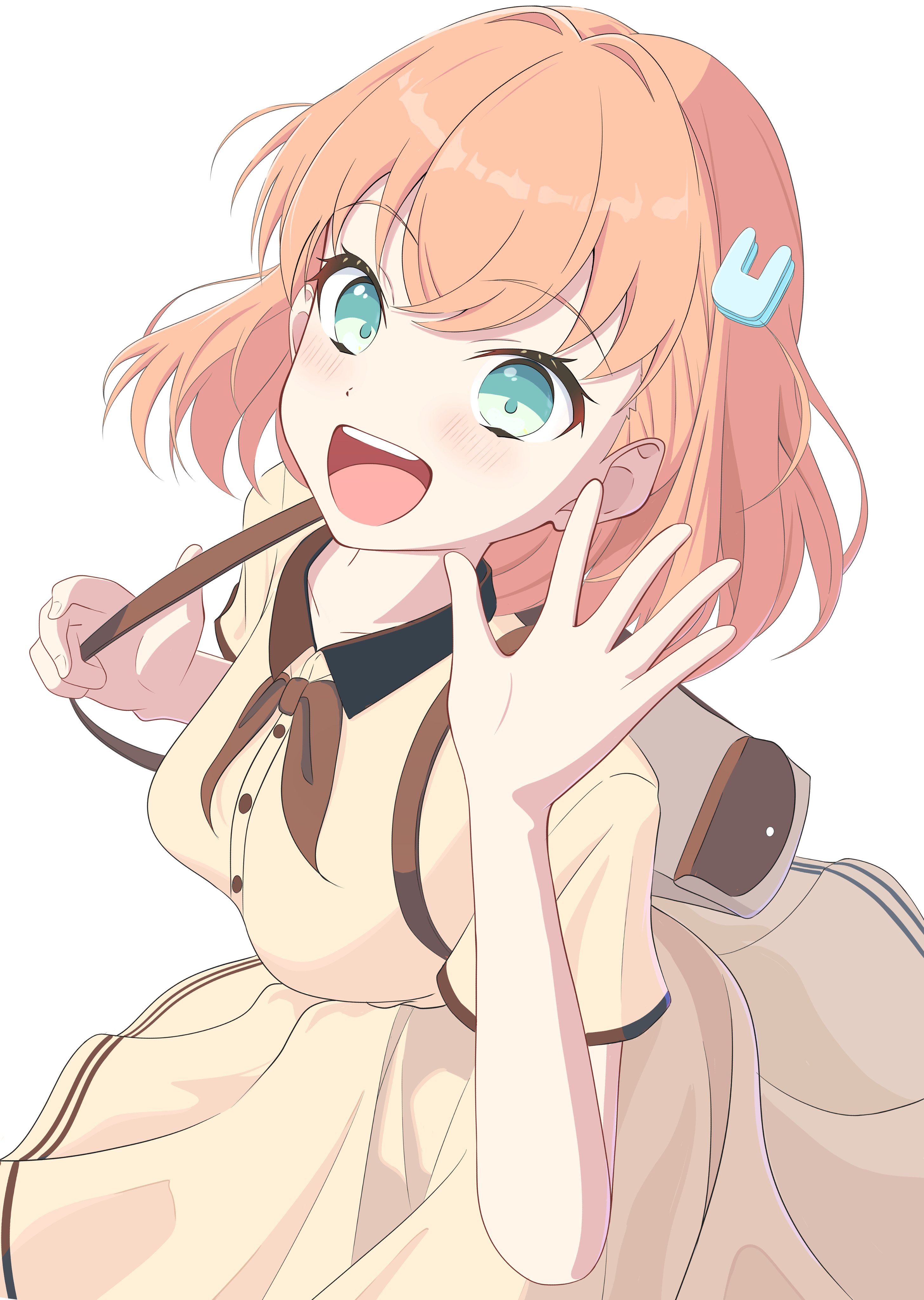 morio (mmorio mu), hinoshita kaho, link! like! love live!, love live!, absurdres, commentary, highres, 1girl, :d, backpack, bag, breasts, collarbone, collared dress, contrast collar, dress, grey bag, hair ornament, hinoshita kaho (fruit punch casual), looking at viewer, medium breasts, medium hair, official alternate costume, open hand, open mouth, orange hair, rabbit hair ornament, short sleeves, smile, solo, two side up, virtual youtuber, yellow dress