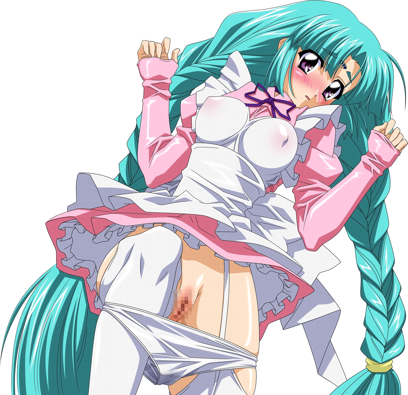 sugimura tomokazu, canal vorfeed, lost universe, highres, 1990s (style), 1girl, blush, braid, breasts, censored, covered erect nipples, female focus, garter belt, garter straps, maid, medium breasts, mosaic censoring, panties, panty pull, pussy, pussy juice, retro artstyle, simple background, solo, thighhighs, twin braids, underwear, undressing, wet, wet clothes, wet panties, white background, white panties, white thighhighs