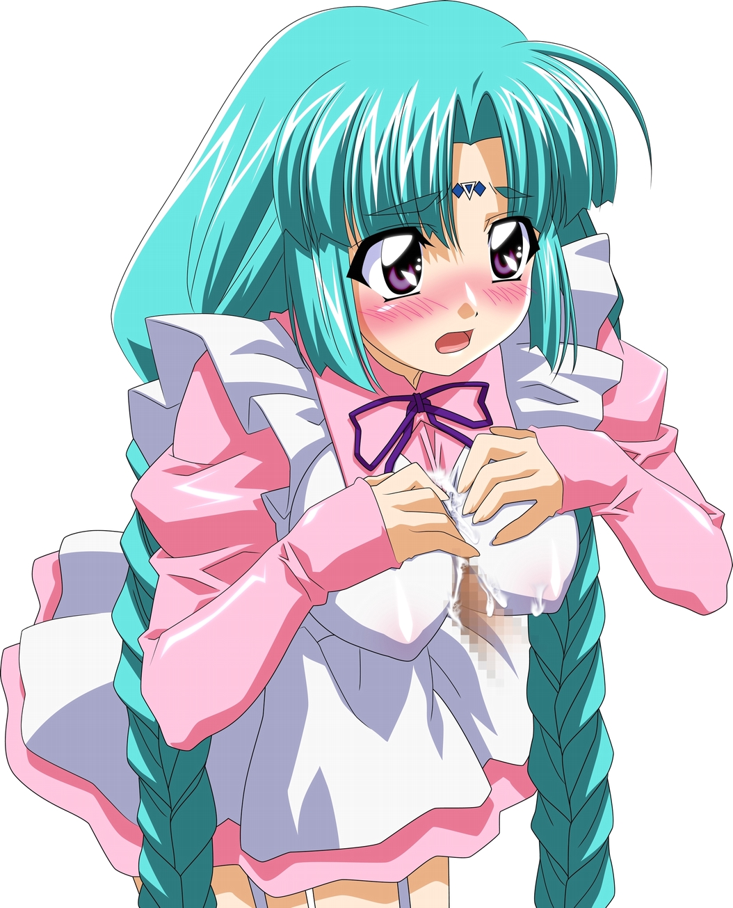 sugimura tomokazu, canal vorfeed, lost universe, highres, 1990s (style), 1girl, braid, breasts, censored, cleavage, cum, mosaic censoring, paizuri, paizuri over clothes, penis, solo, twin braids
