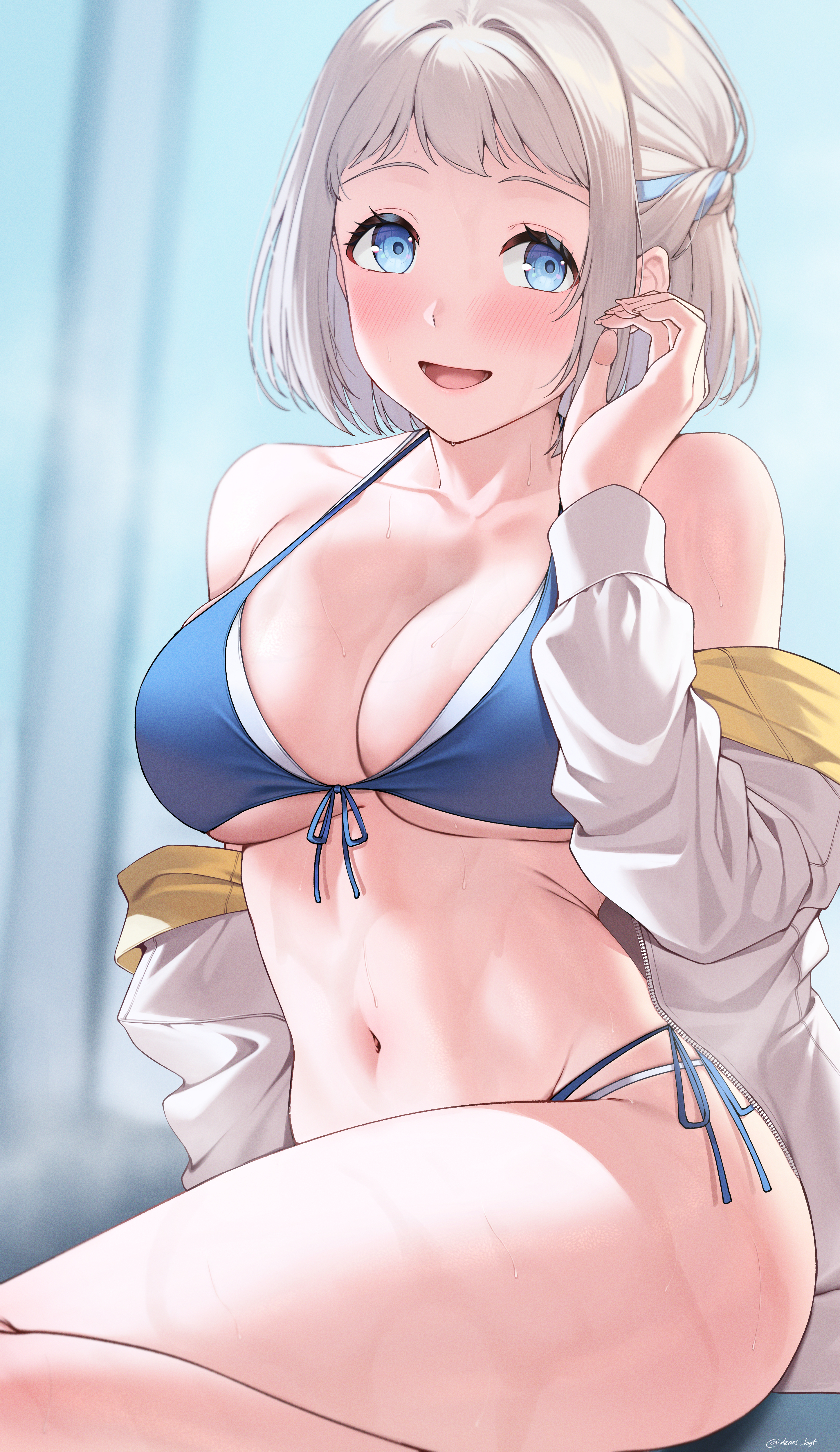 deras, katsuragi lilja, gakuen idolmaster, idolmaster, absurdres, commentary request, highres, 1girl, bare legs, bikini, blue bikini, blue eyes, blue ribbon, blush, braid, collarbone, feet out of frame, fingernails, front-tie bikini top, front-tie top, grey hair, hair ribbon, half up braid, halterneck, jacket, jacket partially removed, kimi to semi blue (idolmaster), looking at viewer, navel, ribbon, ribbon braid, short hair, side-tie bikini bottom, sitting, smile, solo, stomach, sweat, swimsuit, twitter username, two-sided fabric, two-sided jacket, white jacket