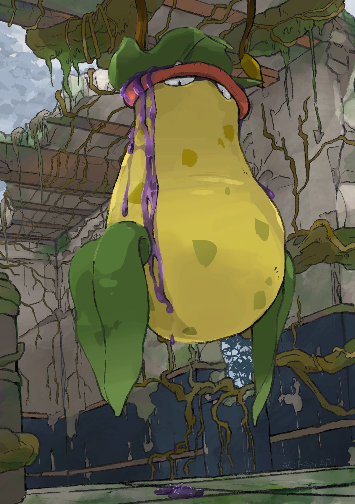 aomon (yuuji7604), victreebel, nintendo, pokemon, highres, abandoned, acid, building, colored skin, gen 1 pokemon, hanging plant, leaf, looking at viewer, no humans, open mouth, overgrown, plant, poison, pokemon (creature), pokemon focus, vines, yellow skin