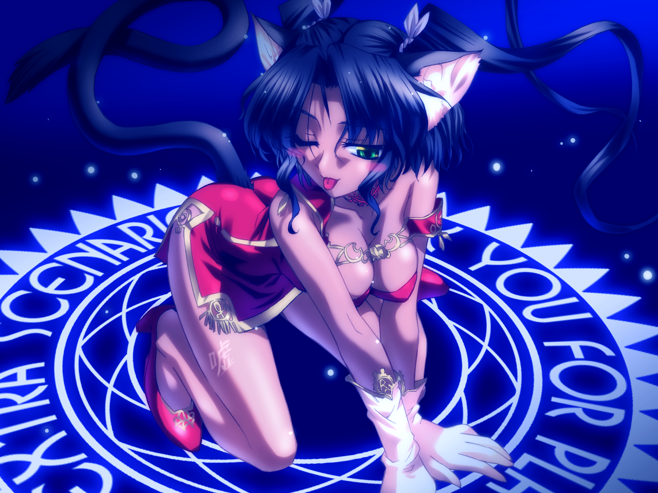 koume keito, sapphism no gensou, game cg, 1girl, ;p, all fours, animal ears, aqua eyes, bare legs, black hair, blush, breasts, cat ears, cat tail, cleavage, dark-skinned female, dark skin, female focus, gloves, green eyes, high heels, large breasts, long hair, magic circle, one eye closed, shoes, solo, tail, tongue, tongue out, twintails, wink