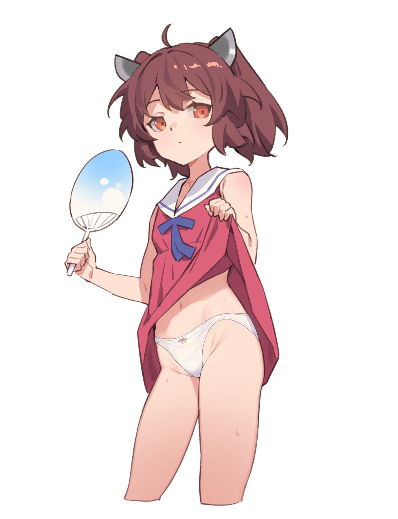 yamamomo (plank), touhoku kiritan, voiceroid, highres, 1girl, ahoge, brown hair, clothes lift, dress, dress lift, expressionless, flat chest, hand fan, headgear, lifting own clothes, looking at viewer, orange eyes, panties, solo, underwear, white panties
