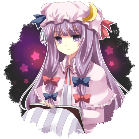 takase kanan, patchouli knowledge, touhou, bad id, bad pixiv id, lowres, 1girl, book, female focus, hat, purple eyes, purple hair, sitting, solo, star (symbol)
