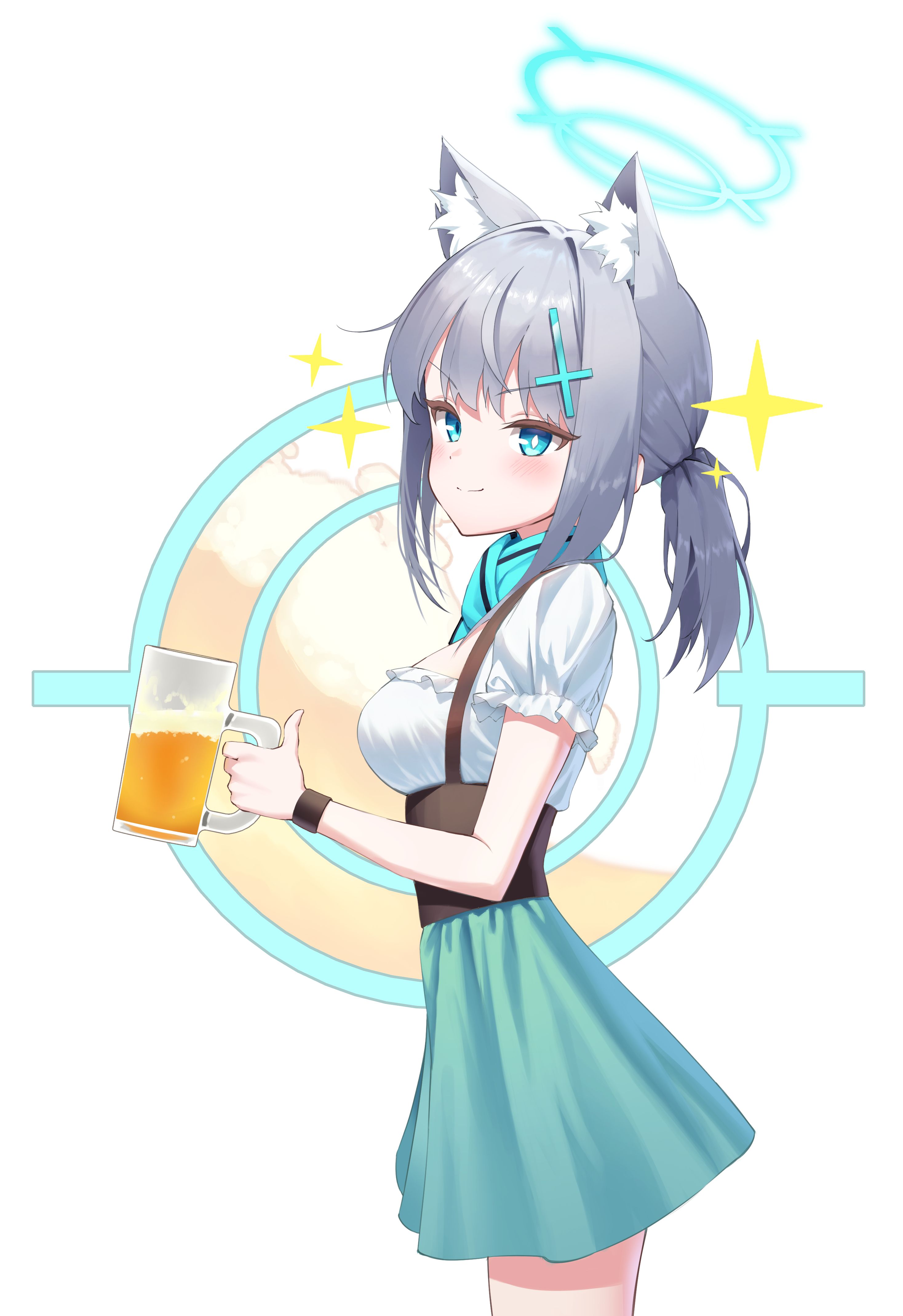 aworuw1137, shiroko (blue archive), blue archive, absurdres, highres, 1girl, alcohol, animal ears, beer, beer mug, blue eyes, blue halo, blue scarf, breasts, cup, green skirt, grey hair, halo, heterochromia, holding, holding cup, medium breasts, medium hair, mug, ponytail, scarf, shirt, skirt, solo, thighs, white background, white shirt, wolf ears, wolf girl