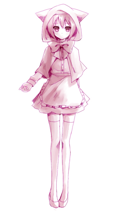 hijiki (hijikini), hijikini, nagato yuki, white mage (final fantasy), final fantasy, suzumiya haruhi no yuuutsu, 1girl, animal hood, cat hood, cosplay, female focus, hood, monochrome, pink theme, simple background, solo, thighhighs