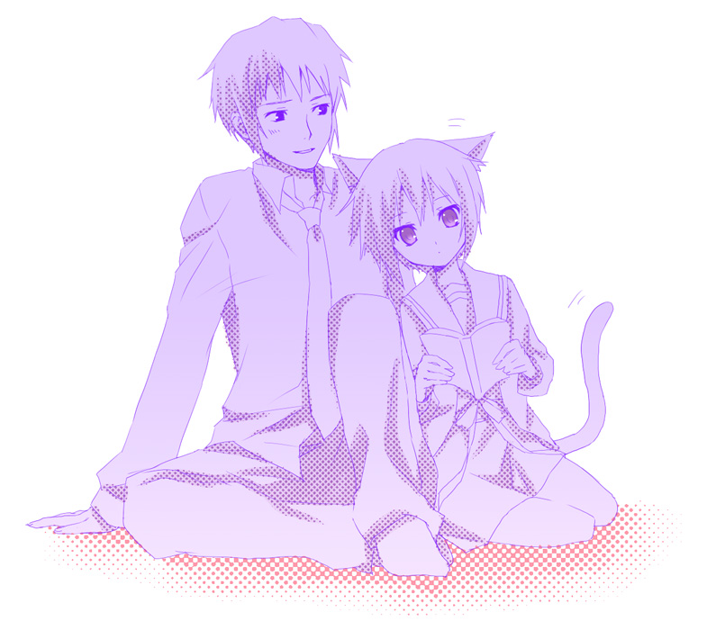 hijiki (hijikini), hijikini, kyon, nagato yuki, suzumiya haruhi no yuuutsu, 00s, 1boy, 1girl, animal ears, blazer, blush, cat ears, cat tail, full body, jacket, long sleeves, looking at viewer, monochrome, pants, purple theme, short hair, simple background, sitting, tail, white background, yokozuwari