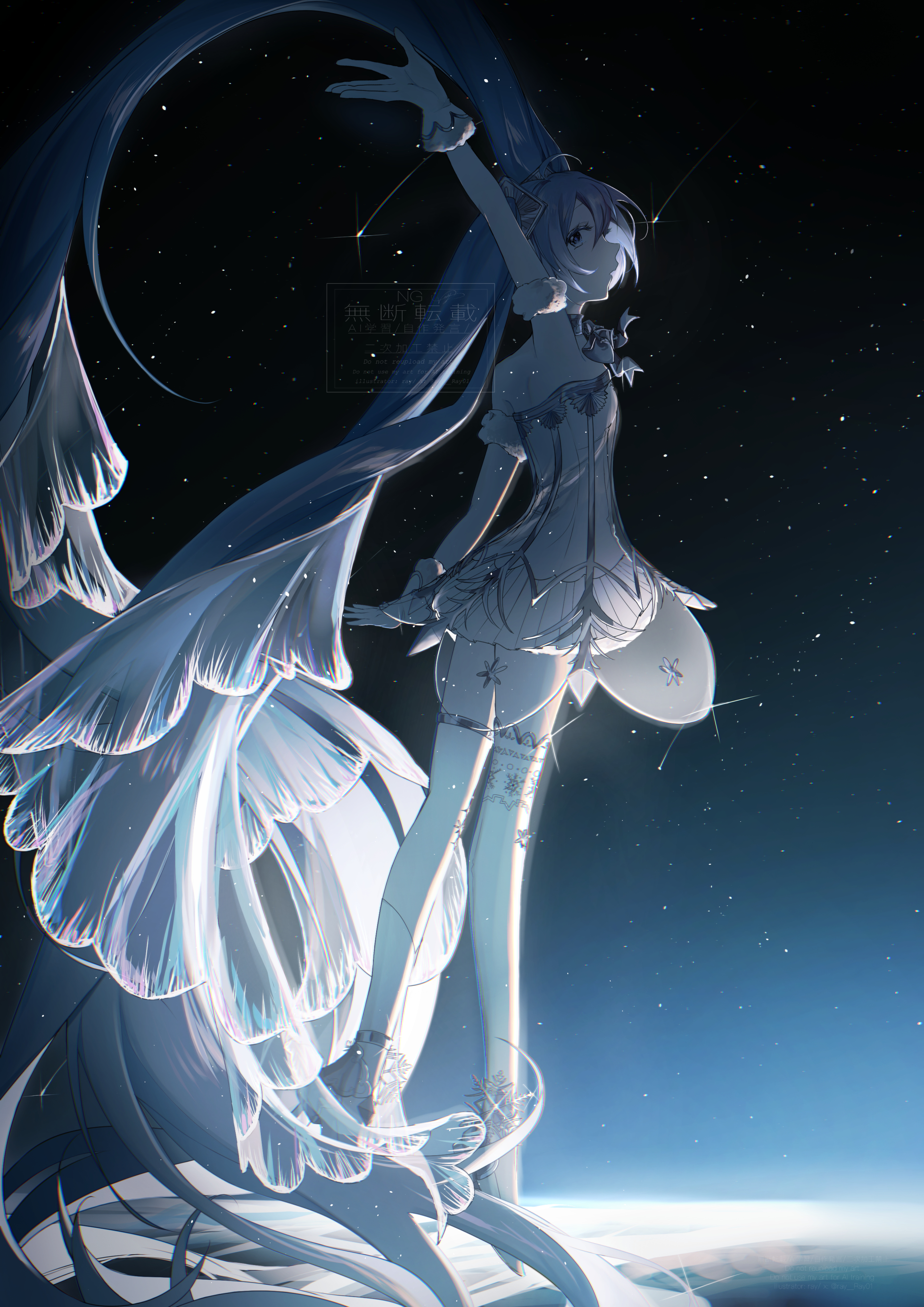 gramophone miku, gramophone miku (frostflower), hatsune miku, miku symphony (vocaloid), vocaloid, absurdres, highres, 1girl, arm up, ballerina, ballet slippers, blue eyes, blue hair, closed mouth, detached sleeves, dress, hair ornament, long hair, official alternate costume, official alternate hairstyle, ray01, short sleeves, solo, strapless, strapless dress, thighhighs, tutu, twintails, very long hair, white thighhighs