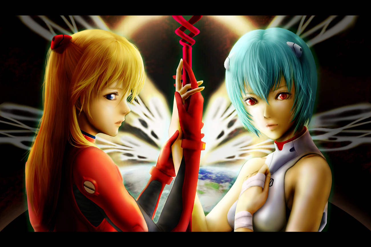 rinzou (dangan), ayanami rei, souryuu asuka langley, neon genesis evangelion, bad id, bad pixiv id, 2girls, 3d, bandages, blue eyes, blue hair, holding hands, long hair, mecha pilot suit, multiple girls, orange hair, plugsuit (evangelion), red eyes, short hair