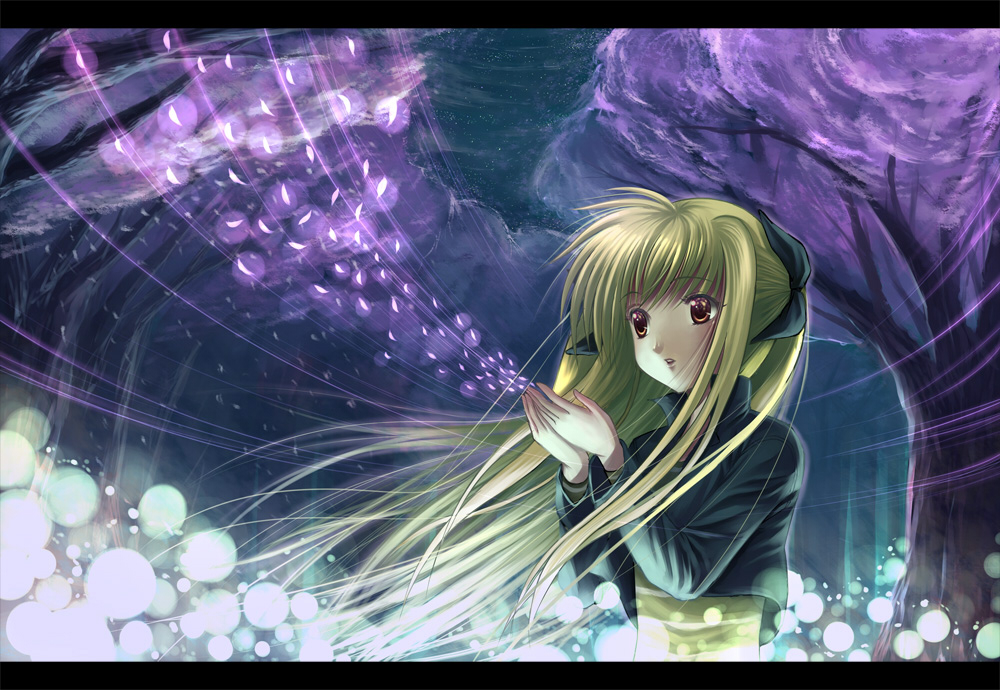 kitiroku, fate testarossa, lyrical nanoha, mahou shoujo lyrical nanoha, 00s, 1girl, blonde hair, cherry blossoms, female focus, letterboxed, light particles, open hands, petals, solo