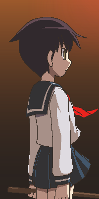 awa, mitama mayo, sayonara zetsubou sensei, lowres, 00s, 1girl, arms at sides, black hair, black skirt, brown eyes, closed mouth, cowboy shot, expressionless, female focus, from side, gradient background, holding, holding staff, jaggy lines, long sleeves, looking afar, neckerchief, oekaki, pleated skirt, profile, red neckerchief, school uniform, serafuku, shirt, short hair, skirt, solo, staff, standing, white shirt