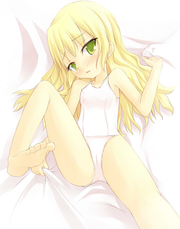 kuro (be ok), original, 1girl, barefoot, blonde hair, cameltoe, feet, female focus, flat chest, foreshortening, green eyes, loli, long hair, one-piece swimsuit, school swimsuit, solo, swimsuit, white one-piece swimsuit, white school swimsuit