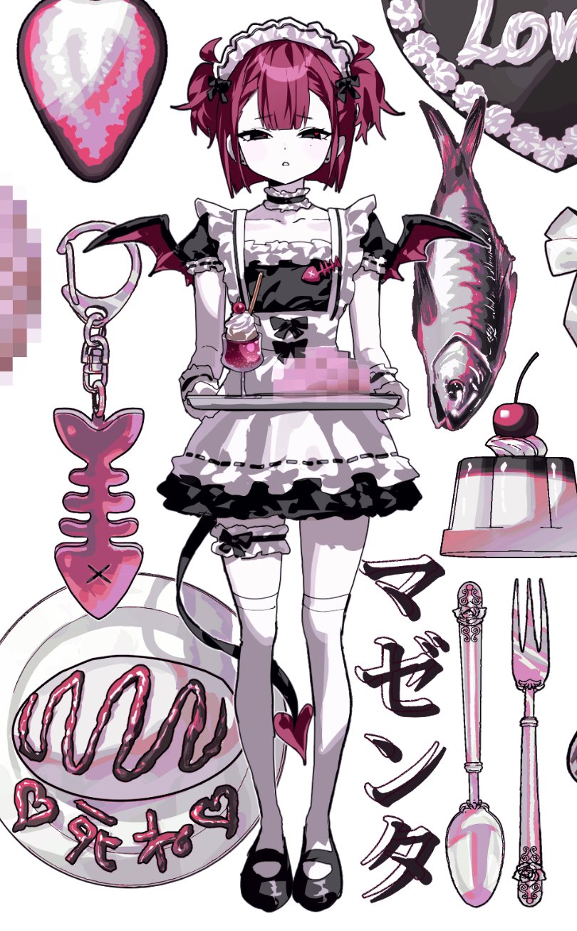 zoomhong, original, highres, 1girl, apron, black dress, black eyes, black shoes, blunt ends, bob cut, censored, censored food, cherry, collarbone, colored skin, demon wings, dessert, dress, fish, fish skeleton, food, fork, forked tail, fruit, full body, furrowed brow, glass, half-closed eyes, holding, holding tray, looking at viewer, maid, maid headdress, mary janes, mini wings, mole, mole under eye, mosaic censoring, parted lips, plate, puffy short sleeves, puffy sleeves, red hair, shoes, short sleeves, skinny, solo, spoon, standing, straight-on, strawberry, tail, thighhighs, tray, two-handed, two side up, white apron, white background, white skin, white thighhighs, wings, zettai ryouiki