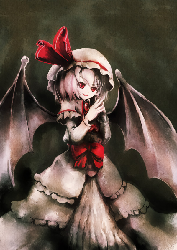 kashiwagi kazuhiro, remilia scarlet, touhou, 1girl, bat wings, female focus, gradient background, hat, red eyes, ribbon, solo, wings