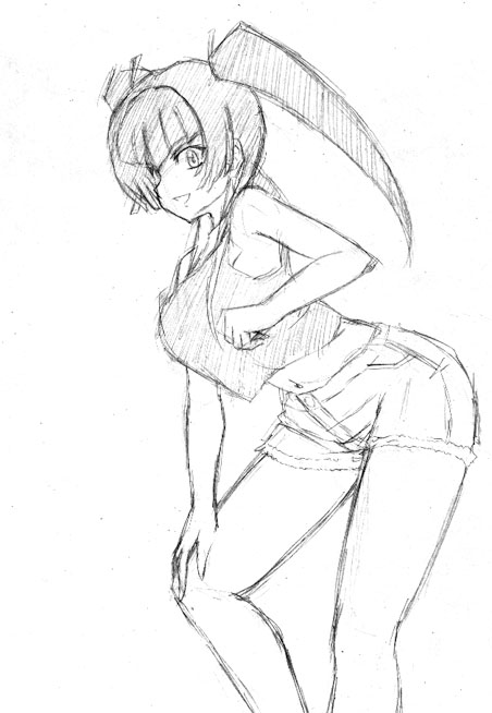 wang liu mei, gundam, gundam 00, artist request, 00s, 1girl, camisole, crop top, denim, denim shorts, female focus, greyscale, leaning forward, midriff, monochrome, shorts, simple background, sketch, smile, solo, twintails