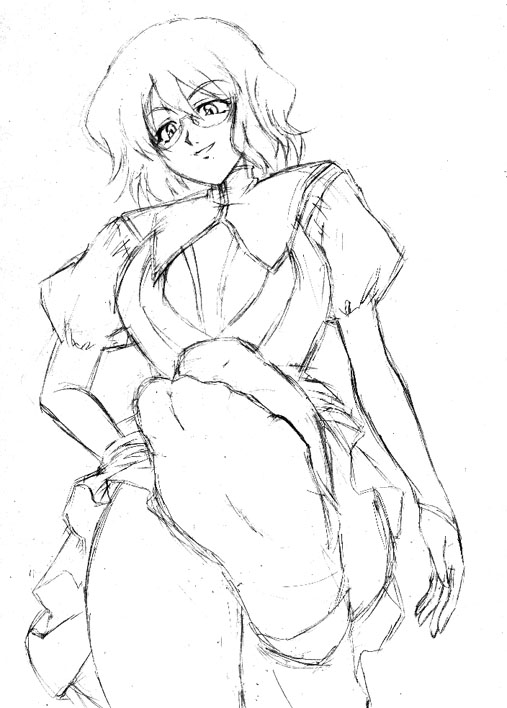 shirin bakhtiar, gundam, gundam 00, 00s, 1girl, bdsm, breasts, feet, female focus, femdom, glasses, greyscale, monochrome, short hair, simple background, sketch, soles, solo