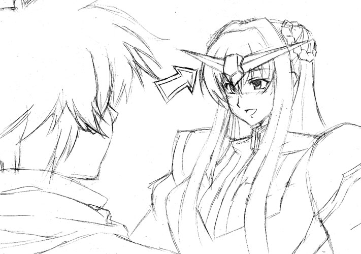 marina ismail, setsuna f. seiei, gundam, gundam 00, 00s, 1boy, 1girl, arrow (symbol), double bun, dress, greyscale, hair bun, long hair, monochrome, scarf, simple background, sketch
