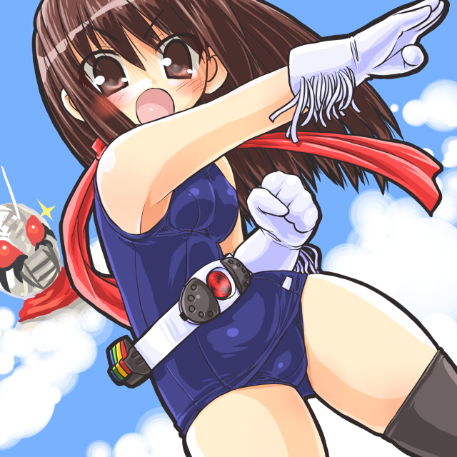 dd (ijigendd), kamen rider super-1, kamen rider, kamen rider super-1 (series), bad id, bad pixiv id, 1girl, belt, brown eyes, brown hair, female focus, gloves, one-piece swimsuit, red scarf, scarf, school swimsuit, solo, swimsuit, thighhighs