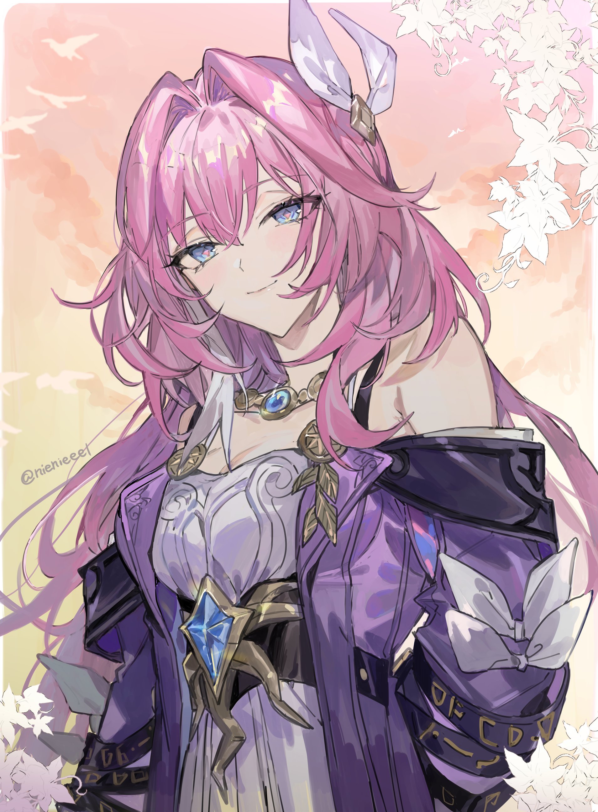 nienieeel, cyrene (honkai: star rail), honkai: star rail, honkai (series), absurdres, commentary request, highres, 1girl, bare shoulders, blue eyes, breasts, cleavage, dress, gradient sky, hair ornament, jewelry, long hair, looking at viewer, medium breasts, multicolored hair, necklace, pink hair, sky, smile, solo, twitter username, two-tone hair, very long hair, white dress, white hair