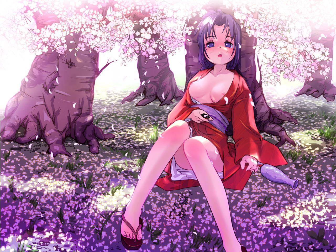 st+1, original, 1girl, alcohol, breasts, cherry blossoms, drunk, female focus, japanese clothes, kimono, large breasts, nipples, no bra, open clothes, open robe, robe, sake, solo
