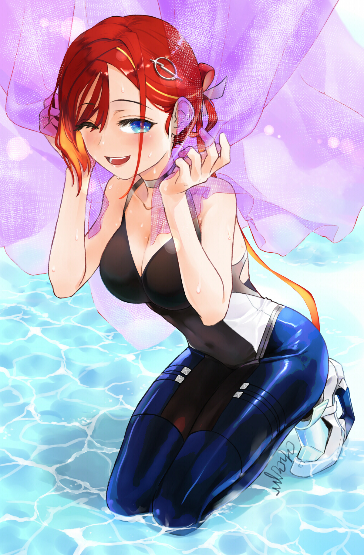 rori chuushin, jeunesse crane (fate), miss crane (fate), fate/grand order, fate (series), highres, 1girl, bare shoulders, black leotard, blue pantyhose, blush, breasts, cleavage, high heels, leotard, long hair, looking at viewer, low ponytail, medium breasts, open mouth, pantyhose, ponytail, red hair, smile, solo