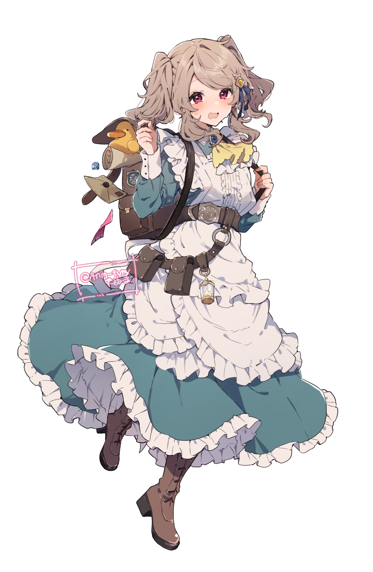 ikeuchi tanuma, original, highres, apron, backpack, bag, belt, blue dress, boots, brown belt, brown boots, brown hair, dress, frilled apron, frilled dress, frills, full body, juliet sleeves, letter, light blush, long sleeves, looking at viewer, maid apron, o-ring, paper, puffy sleeves, red eyes, shoes, simple background, stuffed animal, stuffed duck, stuffed toy, sweatdrop, tino ashberry, twintails, twitter username, white apron, white background