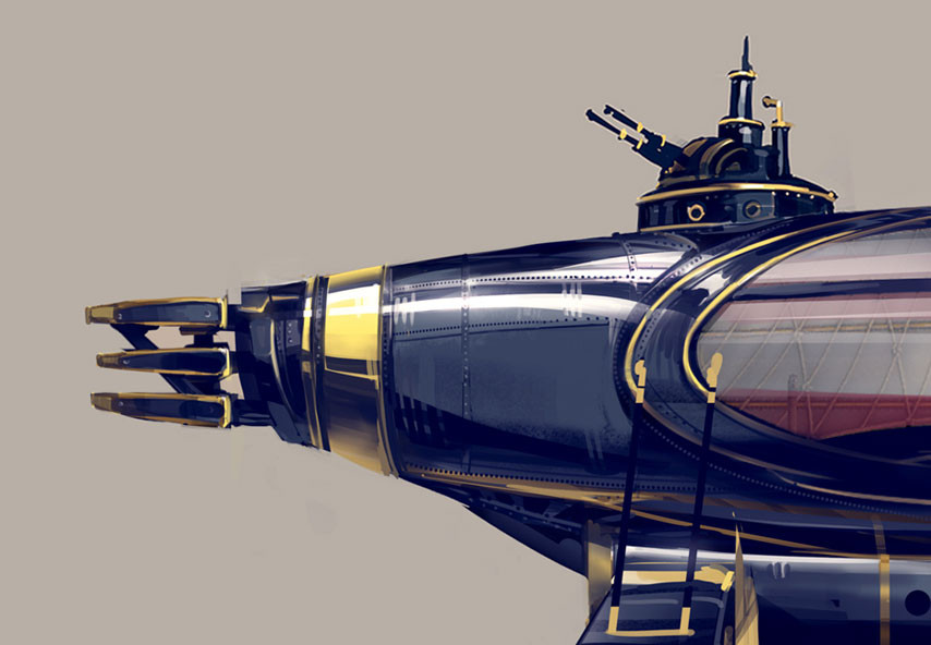 ben lo, bioshock, bioshock (series), bioshock infinite, aircraft, airship, close-up, grey background, no humans, painterly, ship turret, simple background, vehicle focus, window
