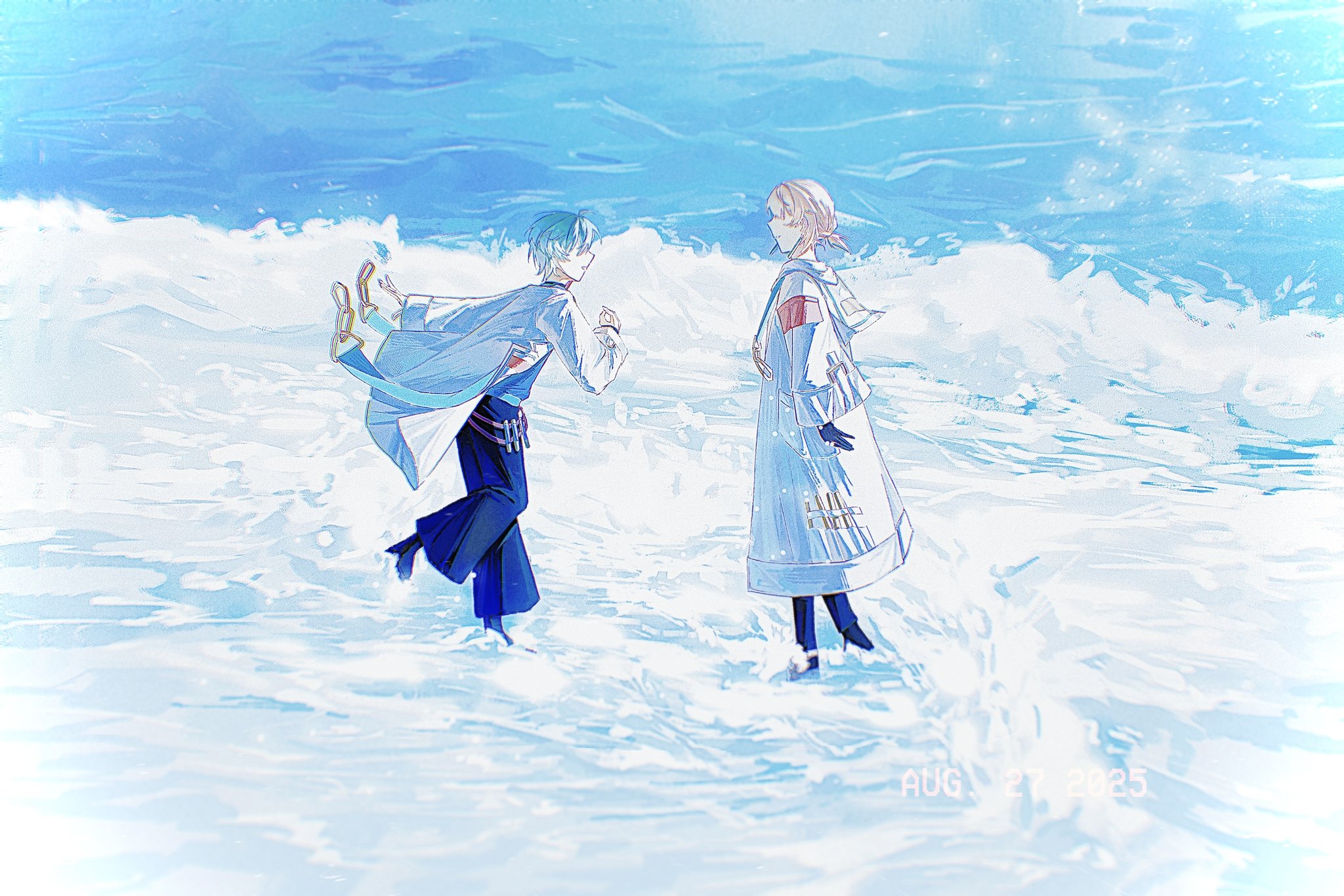 isumi haruka, natsume minami, idolish7, commentary, highres, symbol-only commentary, 2boys, ahoge, aqua hair, bell-bottoms, belt, belted coat, blonde hair, coat, culottes, dated, ear piercing, earrings, hair between eyes, hood, hood down, jewelry, lab coat, long coat, long sleeves, loose belt, low ponytail, medium hair, multiple boys, no eyes, ocean, official alternate costume, official alternate hairstyle, open clothes, open coat, outdoors, pants, piercing, pocket, ponytail, reaching, reaching towards another, running, shirt, shoes, shore, sidelocks, smile, socks, surfing, tassel, tassel earrings, turtleneck, vial, wading, walking, water, waves, white coat, wide sleeves