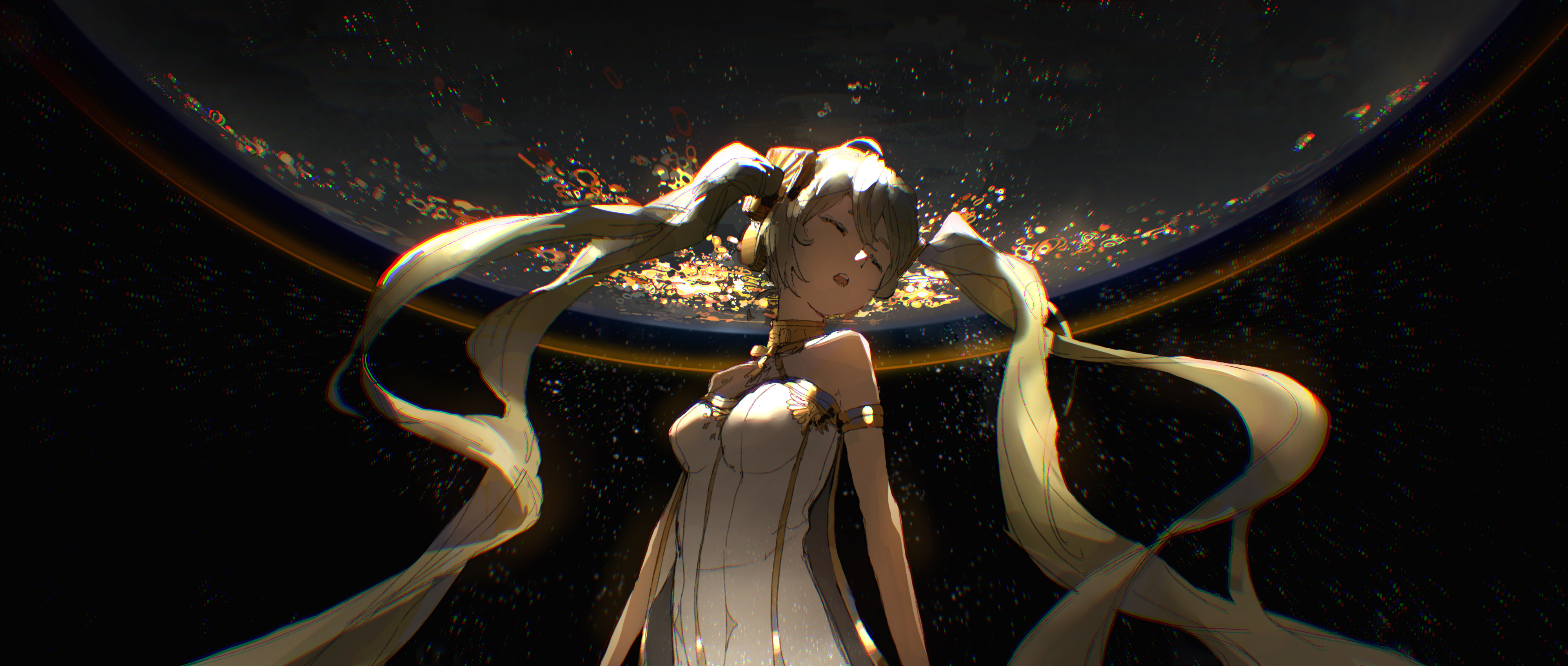 gramophone miku, hatsune miku, miku symphony (vocaloid), vocaloid, gold armlet, absurdres, highres, 1girl, closed eyes, dress, green hair, hair ornament, long hair, official alternate costume, official alternate hairstyle, open mouth, solo, strapless, strapless dress, tu yuto, tutu, twintails, very long hair