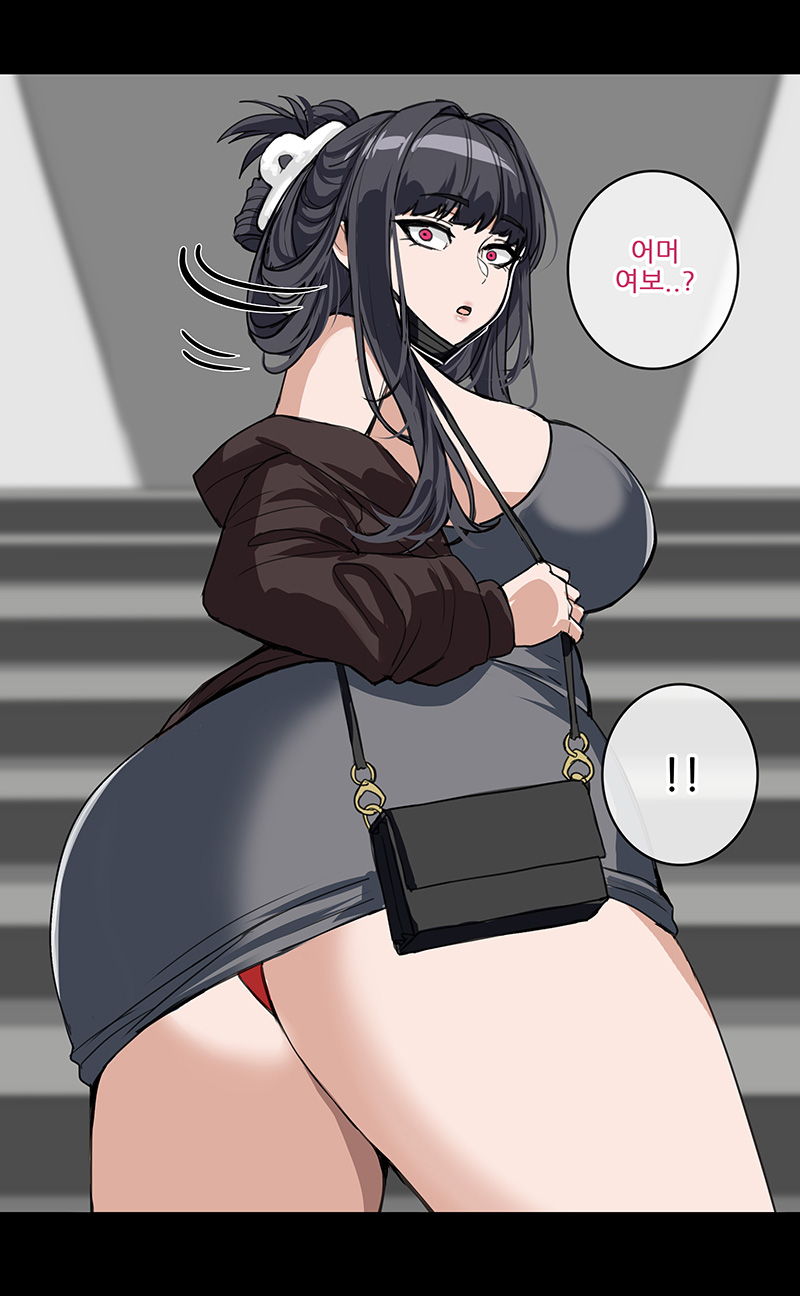 hella p, d (killer wife) (nikke), d (nikke), goddess of victory: nikke, commentary request, highres, korean commentary, translation request, !, !!, 1girl, bag, bare shoulders, black bag, black hair, blunt bangs, blurry, blurry background, breasts, constricted pupils, cowboy shot, dress, grey background, grey dress, korean text, large breasts, letterboxed, long hair, long sleeves, looking at viewer, official alternate costume, open mouth, panties, pink eyes, pov, red panties, shoulder bag, solo, speech bubble, spoken exclamation mark, talking, thighs, underwear