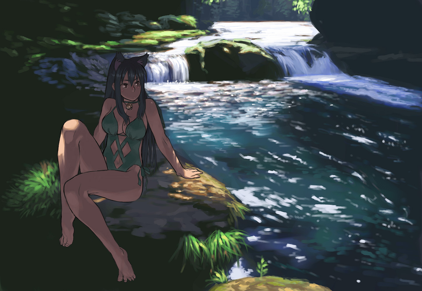 azusa (hws), original, 1girl, animal ears, barefoot, bell, black hair, bow, breasts, brown eyes, casual one-piece swimsuit, cat ears, cleavage, collar, feet, female focus, landscape, large breasts, leg up, legs, long hair, long legs, nature, neck bell, one-piece swimsuit, outdoors, river, scenery, shade, sidelocks, sitting, solo, stream, swimsuit, thighs, water, waterfall