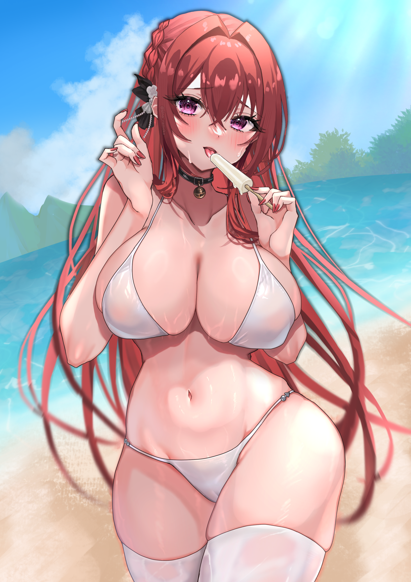 sino rameko, monarch (azur lane), azur lane, highres, 1girl, beach, bikini, black choker, blue sky, blush, braid, breasts, choker, cleavage, collarbone, cowboy shot, crossed bangs, curvy, day, food, hair ribbon, holding, holding food, holding popsicle, long hair, mountainous horizon, navel, outdoors, popsicle, purple eyes, red hair, red nails, ribbon, skindentation, sky, solo, standing, swimsuit, thighhighs, tongue, tongue out, very long hair, white bikini, white thighhighs