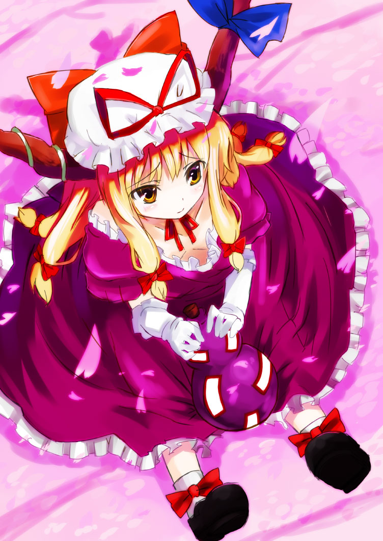 gotyou, ibuki suika, yakumo yukari, touhou, 1girl, black shoes, blonde hair, blue ribbon, bow, cherry blossoms, choker, cosplay, dress, elbow gloves, female focus, flat chest, frilled dress, frills, gloves, gourd, hair ribbon, hat, hat bow, hat ribbon, horn ornament, horn ribbon, horns, if they mated, long hair, mob cap, petals, purple dress, red bow, red ribbon, ribbon, ribbon choker, shoes, short sleeves, sitting, socks, solo, white gloves, white hat, yakumo yukari (cosplay), yellow eyes