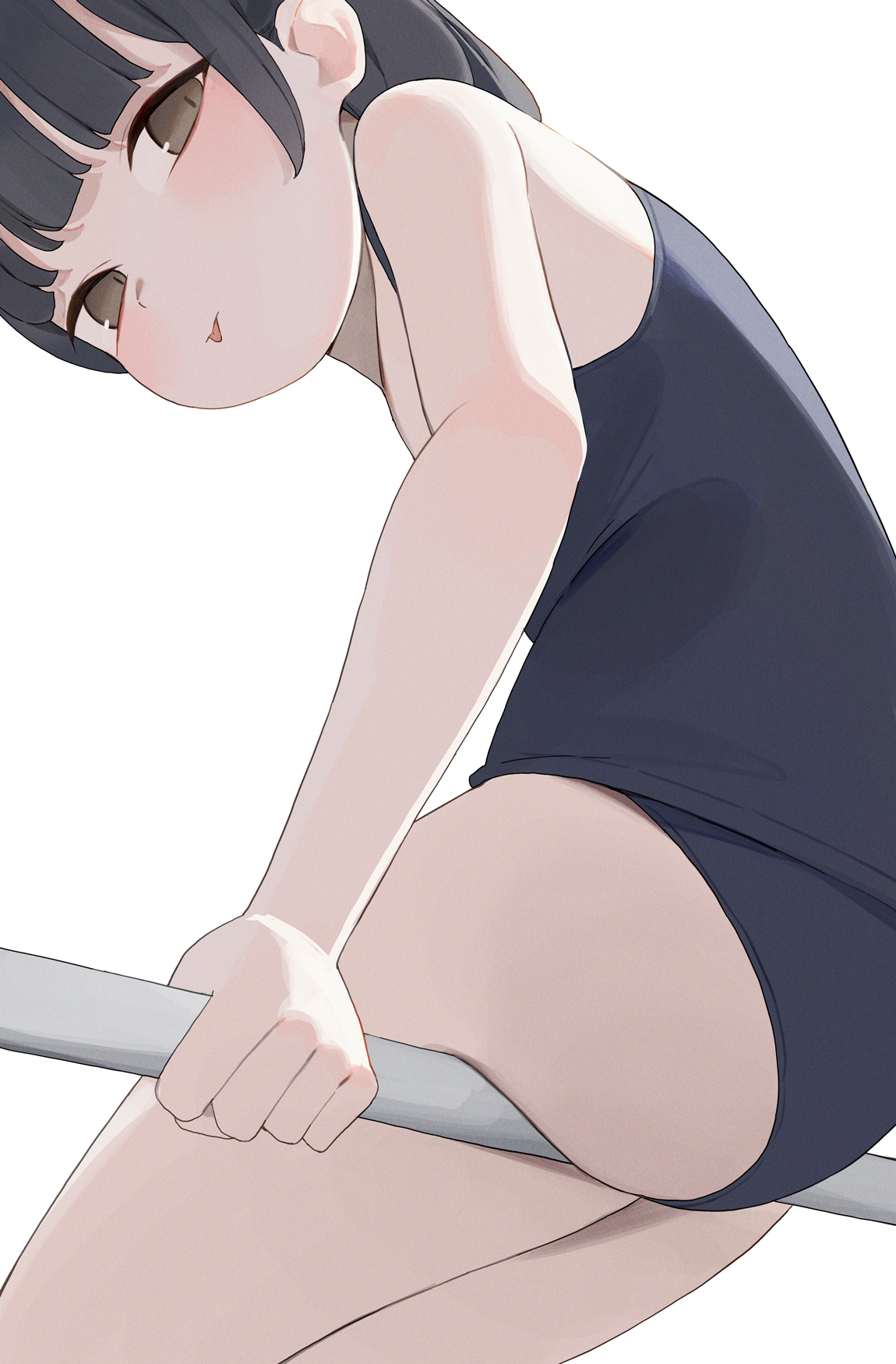 hiroki (yyqw7151), original, commentary request, highres, partial commentary, 1girl, ass, bare arms, bare legs, bare shoulders, black hair, brown eyes, from below, looking at viewer, one-piece swimsuit, school swimsuit, short hair, sidelocks, simple background, sitting, solo, swimsuit, thighs, tongue, tongue out, white background
