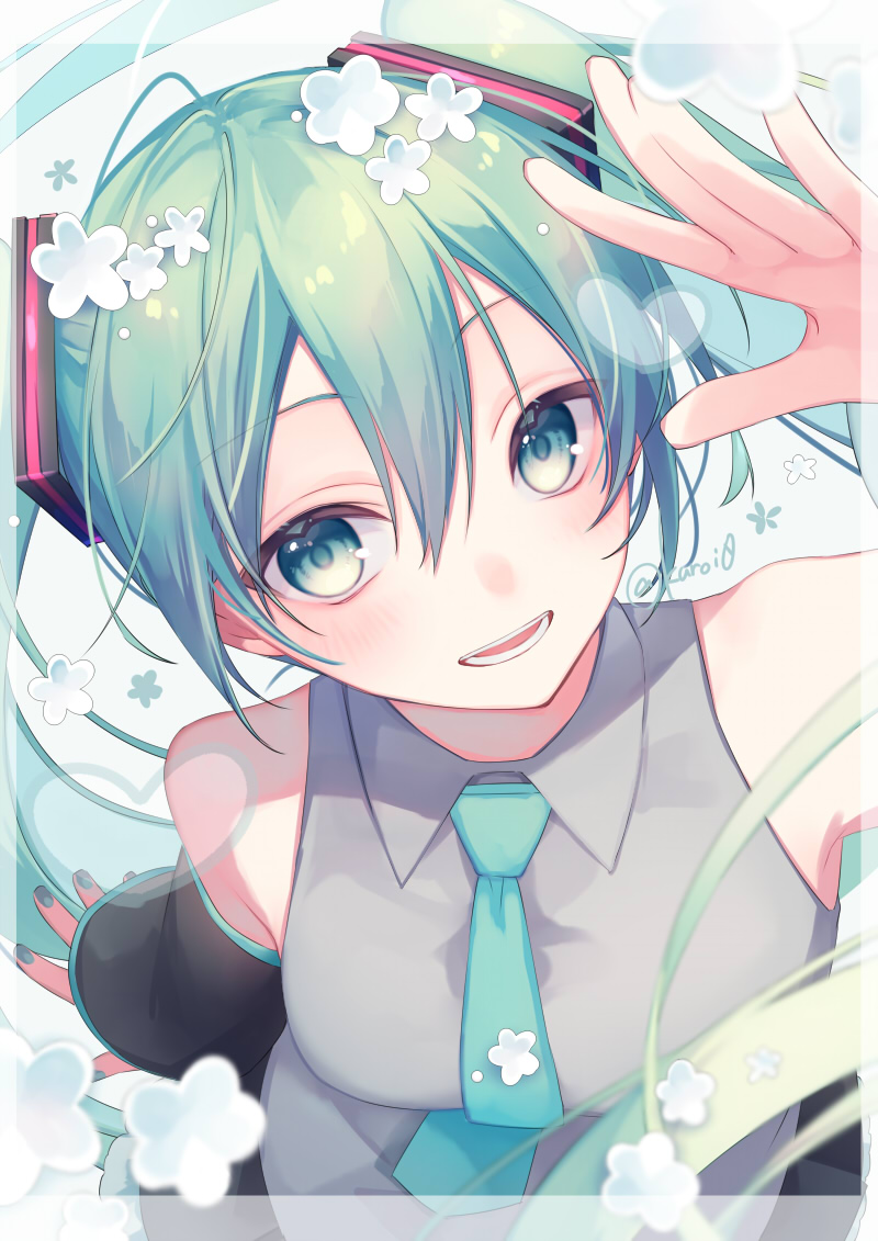 kuroi (liar-player), hatsune miku, vocaloid, commentary request, 1girl, :d, arm up, bare shoulders, black skirt, black sleeves, blue nails, blue necktie, breasts, collared shirt, detached sleeves, flower, green eyes, green hair, grey background, grey shirt, long hair, long sleeves, looking at viewer, nail polish, necktie, open mouth, shirt, skirt, sleeveless, sleeveless shirt, sleeves past wrists, small breasts, smile, solo, twintails, twitter username, very long hair, white flower, wide sleeves